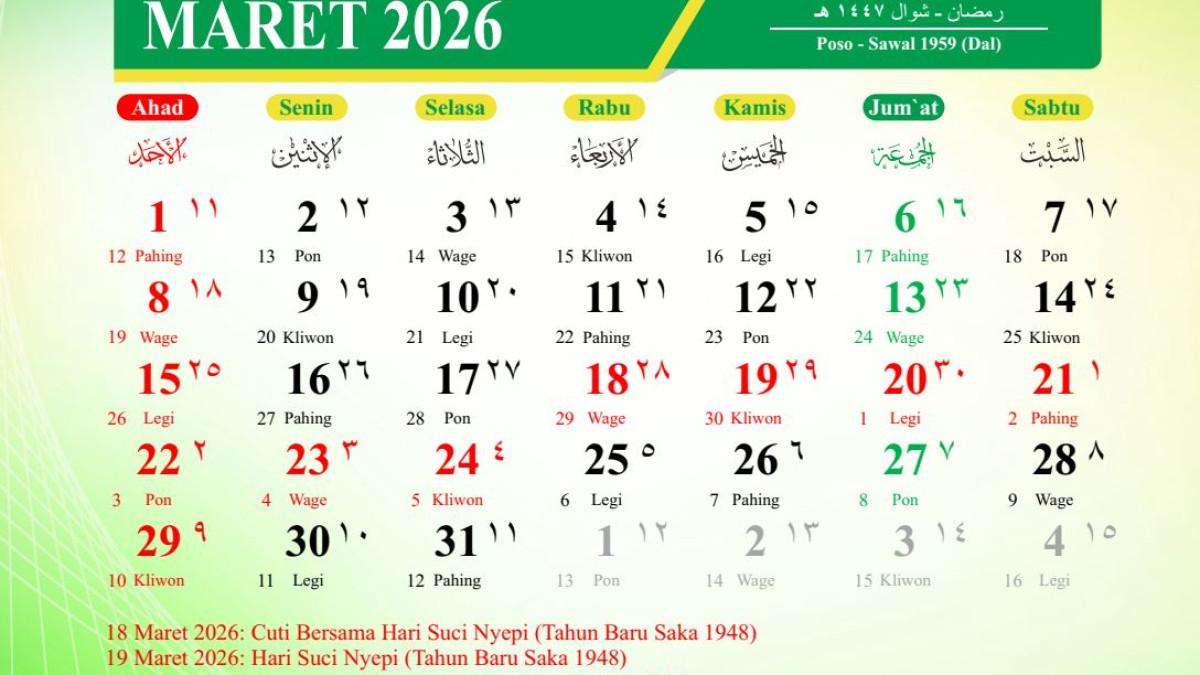 KALENDER IDUL FITRI KEMENAG - Kalender Maret 2026, yang memperlihatkan jadwal Idul Fitri 1447 H.