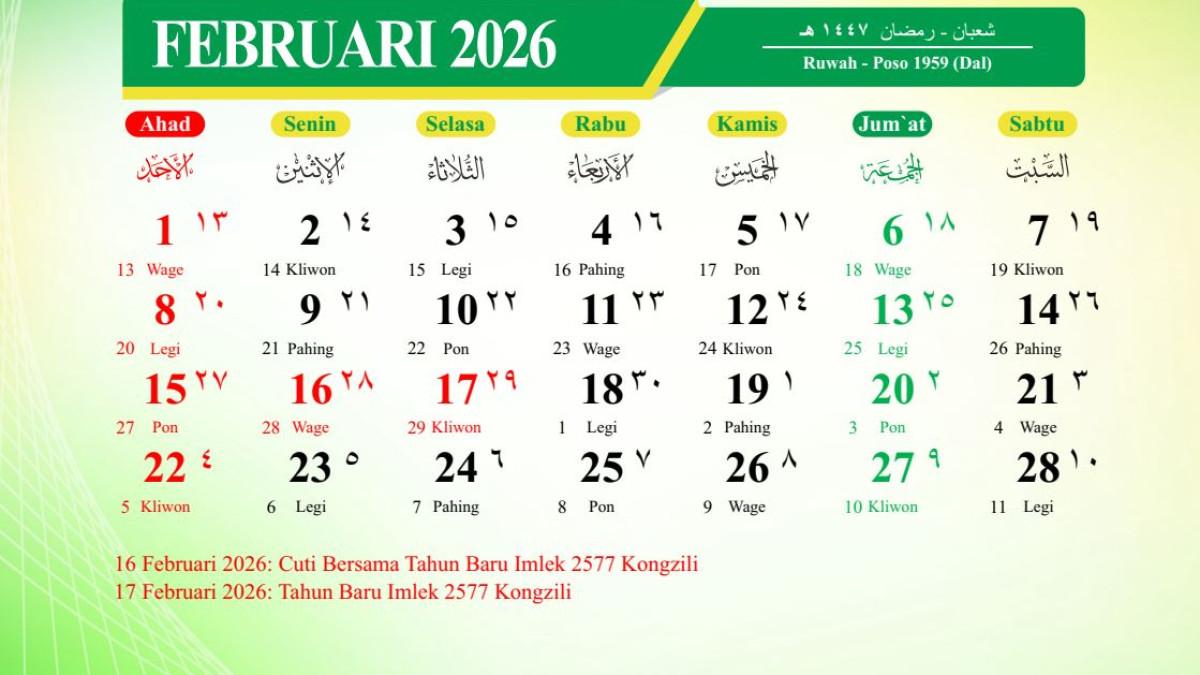 KALENDER KEMENAG - Kalender Kemenag yang memperlihatkan awal Puasa Ramadhan 1447 H pada Februari 2026.