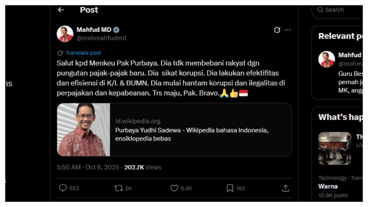 MAHFUD MD - Unggahan eks Menkopolhukam Mahfud MD yang memuji kinerja Menkeu Purbaya, Senin (6/10/2025).