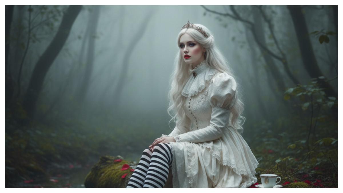 PROMPT AI WHITE QUEEN - Gambar tokoh White Queen dari Alice in Wonderland yang dibuat dengan prompt Gemini AI
