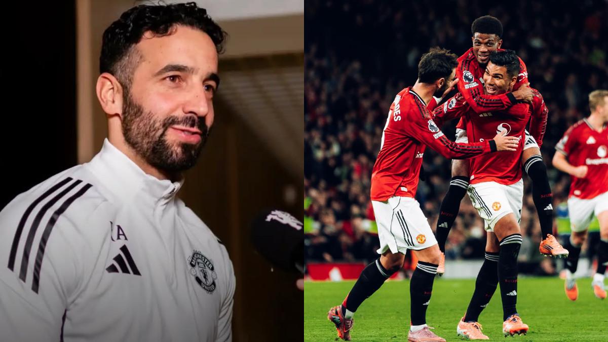 RUBEN AMORIM - Potret Ruben Amorim bersama Manchester United (kiri) dan selebrasi skuad Setan Merah (kanan).
