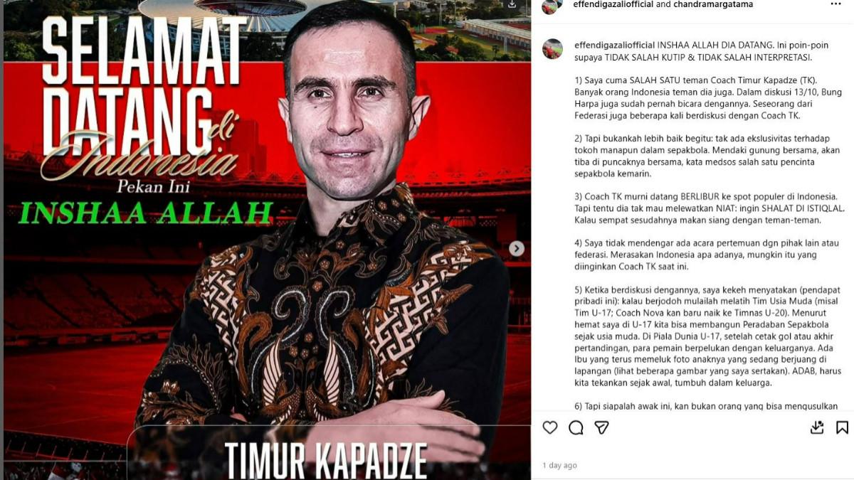 CALON PELATIH TIMNAS - Rumor terbaru kedatangan Timur Kapadze ke Indonesia diungkap oleh pengamat sepak bola, Effendi Gazali, lewat Instagram pribadinya, @effendigazaliofficial, Selasa (18/11/2025).