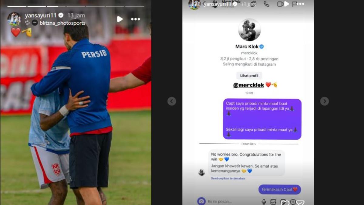 YANCE SAYURI MINTA MAAF - Unggahan Instagram Story Yance Sayuri yang meminta maaf pada Marc Klok, atas aksinya saat duel Malut United vs Persib Bandung, Minggu (14/12/2025).