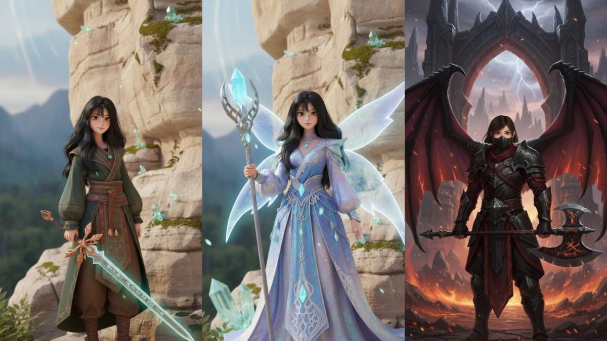 PROMPT GEMINI AI-Gambar Elarion(Sang Pengembara),Seraphine (Penjaga Kristal),Dravok( Penjaga Gerbang) Terlarang.Tiga Promt gemini AI ubah Fotomu Jadi Tokoh Epik dari Kerajaan Asterion yang Hilang.