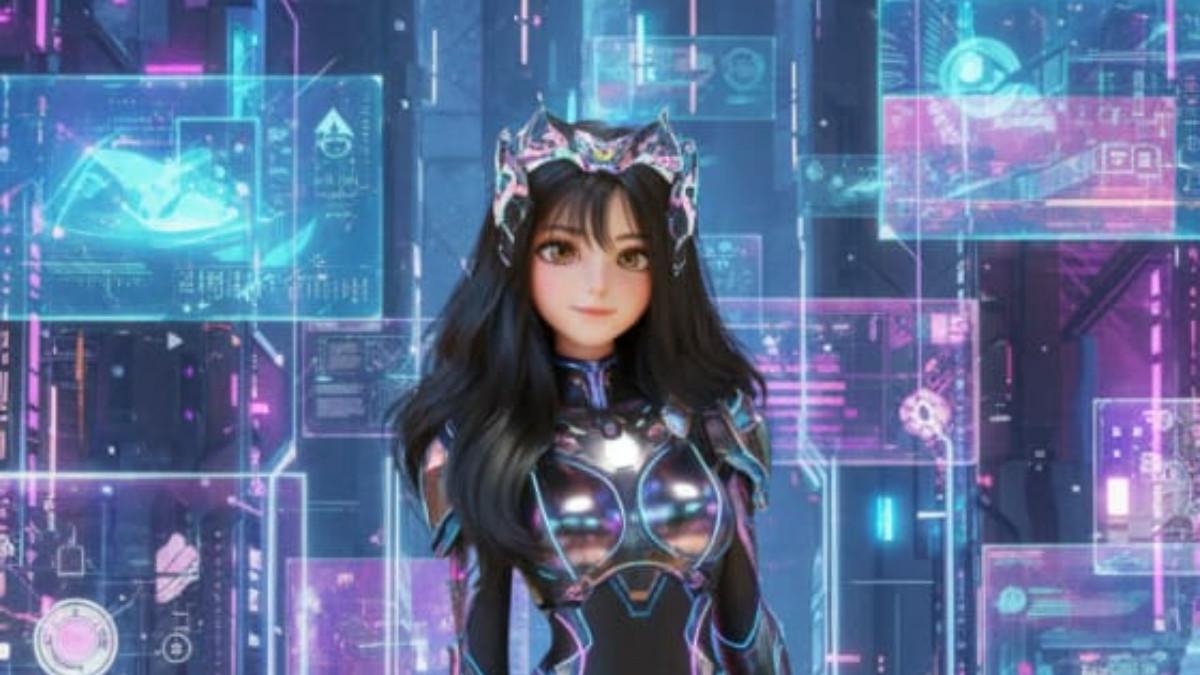 PROMPT GEMINI AI- Cyber Queen bergaya sci-fi dengan latar hologram dan struktur logam futuristik.Prompt Gemini AI ubah foto Cyber Queen.