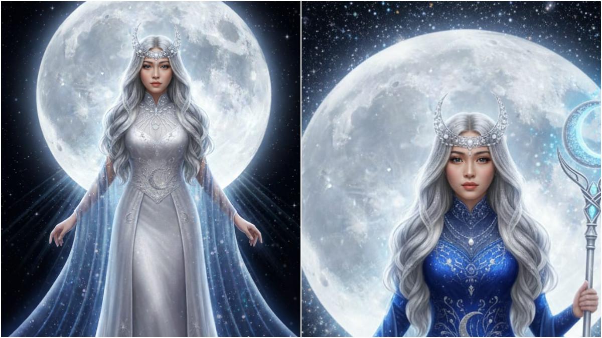 PROMPT GEMINI AI-Ilustrasi hasil prompt Gemini AI tema Dewi Bulan Sinematik Mistis dan Dewi Bulan Elegan dengan bantuan AI (gemini),diolah dari foto TribunWow.com pada Rabu (15/10/25).