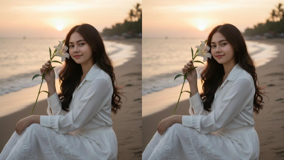 PROMPT GEMINI AI - Ilustrasi prompt Gemini AI di pantai dengan suasana berkelas dan modern. Dibuat oleh TribunWow.com dengan bantuan Gemini AI pada Selasa (11/11/25).