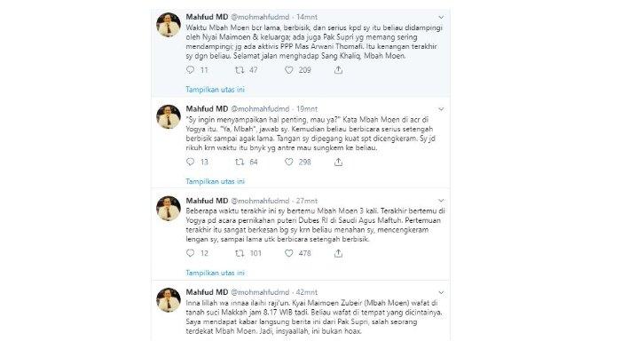 Mahfud MD memberikan ucapan belasungkawa atas meninggalnya Mbah Moen atau KH Maimun Zubair.