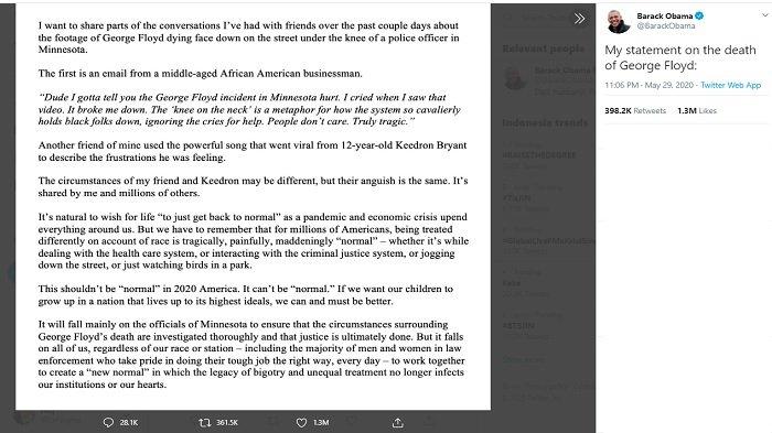 Postingan Barack Obama terkait kematian George Floyd, diunggah Jumat (29/5/2020). (Twitter/@barackobama)