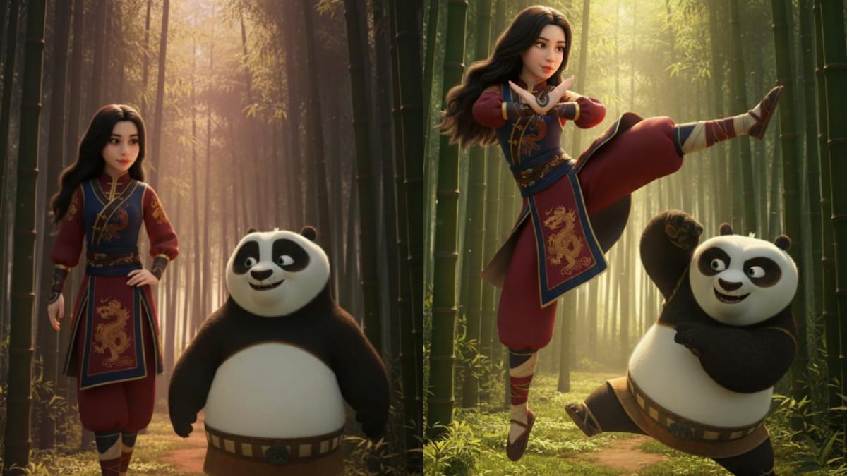 PROMPT GEMINI AI - Ilustrasi prompt gemini AI tema Berjalan di Hutan Bambu (kiri), Berlatih bersama POo (kanan),dibuat oleh TribunWow.com  dnegan bantuan AI (Gemini) pada Selasa (4/11/25).Pengen Jadi Bagian Petualangan Kung Fu Panda? Prompt Gemini AI ini Bisa Wujudkan Impianmu.