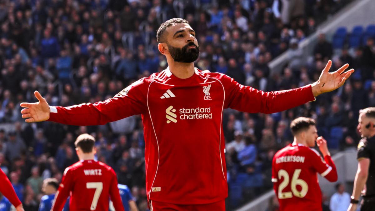 LIGA INGGRIS - Ekspresi enyerang Liverpool, Mohamed Salah alias Mo Salah setelah membobol gawang Everton.