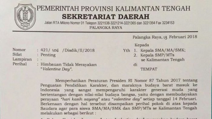 Jelang Hari Valentine, Plt Sekda Kalteng Keluarkan Surat Imbauan untuk Tak Merayakannya