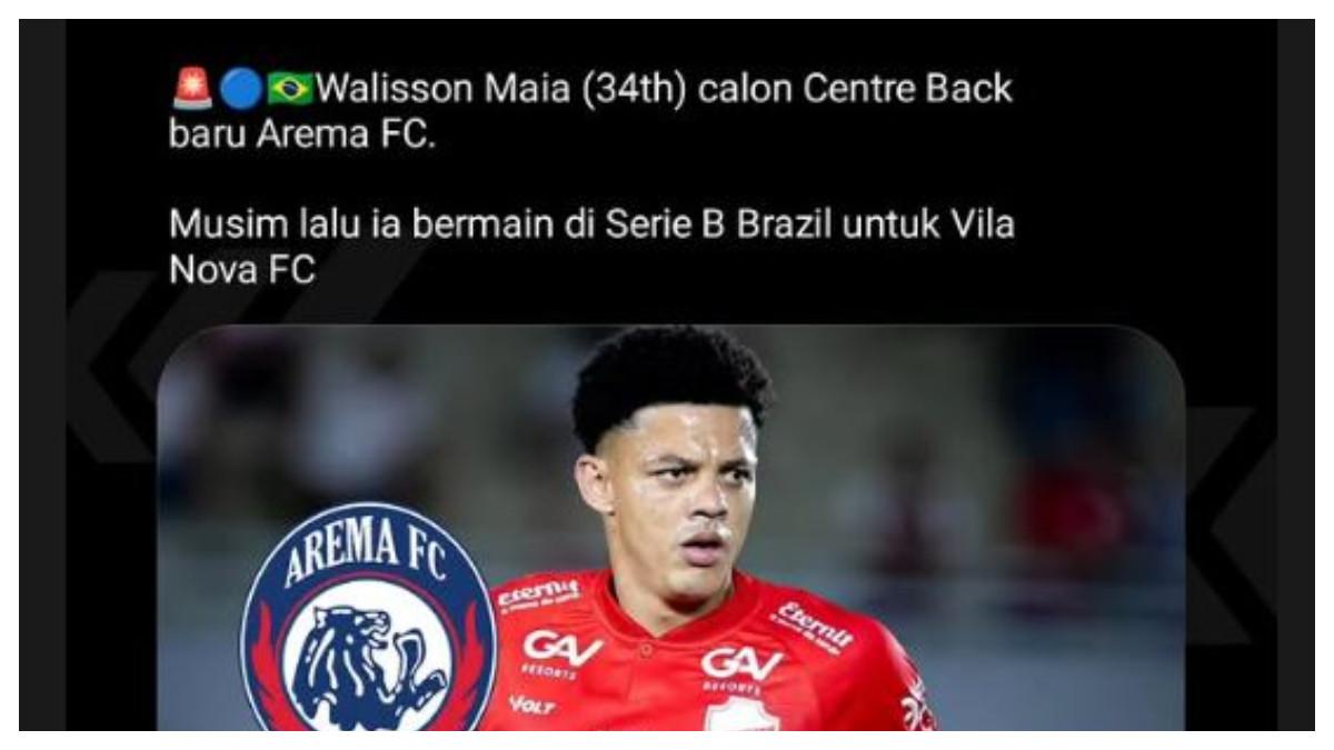 WALISSON MAIA - Walisson Maia dalam unggahan Instagram story @gosball pada Sabtu (31/1/2026) yang dikabarkan bakal merapat ke Arema FC.