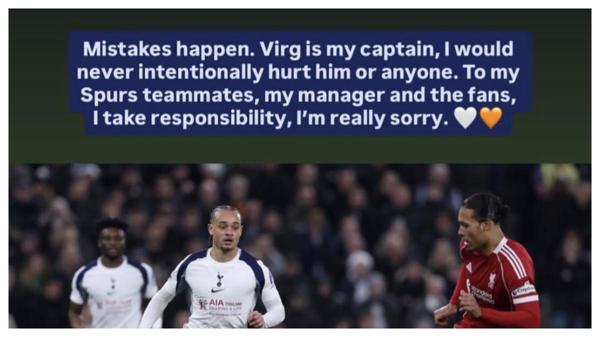 XAVI SIMONS - Unggahan Instagram story Xavi Simons dalam akun pribadinya yang berisi permintaan maaf setelah melanggar keras kapten Liverpool dalam Premier League 25/26 yang berlangsung pada Minggu (21/12/2025).