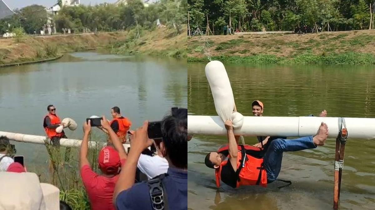 Anies Baswedan Keok di Tangan Pak RT saat Lomba Gebuk Bantal, sampai Basah Kuyup Tercebur ke Waduk