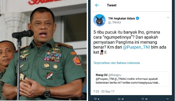 Soal 5 Ribu Senjata Ilegal, Jejak Tweet Admin TNI AU jadi Perbincangan Netizen