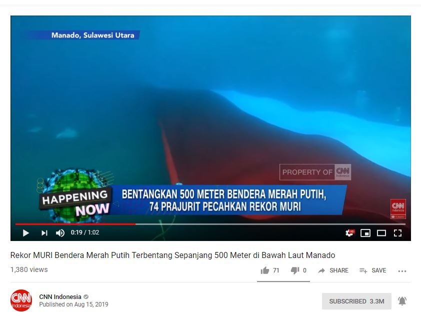 Video Bendera Merah Putih 500 Meter di Bawah Laut Manado Sambut HUT ke-74 RI, Masuk Rekor MURI